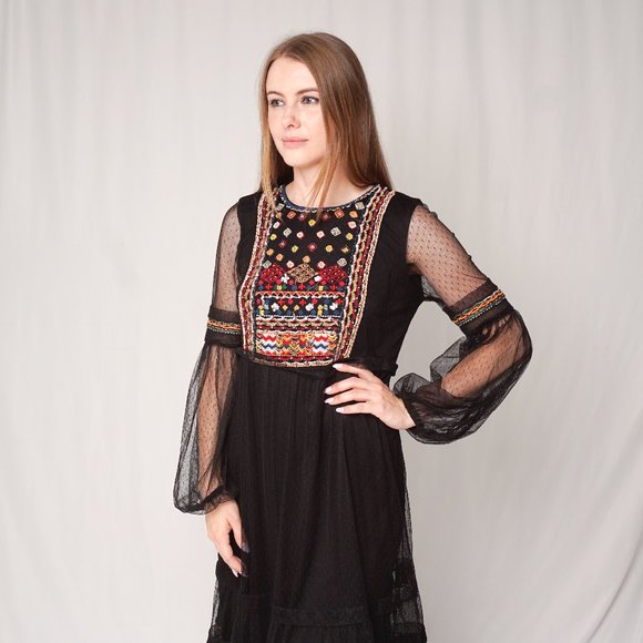 Zara Beaded Embroidered Mesh Black Midi Dress - Picture 7 of 9
